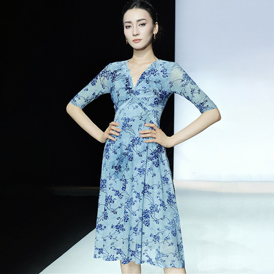 半透烧花网纱V领a字印花连衣裙女
