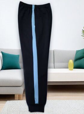 校服裤子中小学生藏蓝色拼浅蓝宽条束脚裤宽松收口运动校裤定制