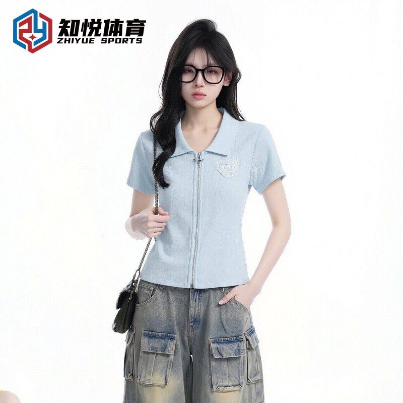 Puma彪马短袖POLO领拉链T恤女蓝色透气运动休闲上衣637466-82-68