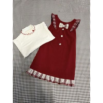 【草莓慕斯】甜美可爱少女心蝴蝶结格纹连衣裙+上衣两件套小个子