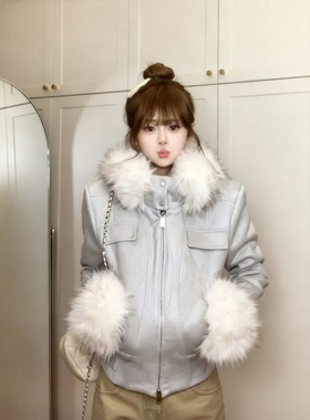 韩系甜美毛领拼接连帽外套女秋冬新款设计感气质蓝色短款夹克上衣