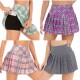 女士格子百褶网球短裙带口袋跑步运动裙裤 防走光健身瑜伽半身裙子