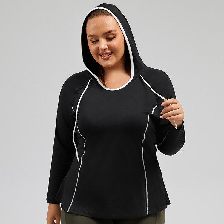 女士加大码宽松户外健身上衣速干跑步运动T恤撞色连帽瑜伽服卫衣