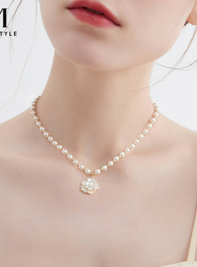 仿珍珠项链山茶花小香风女