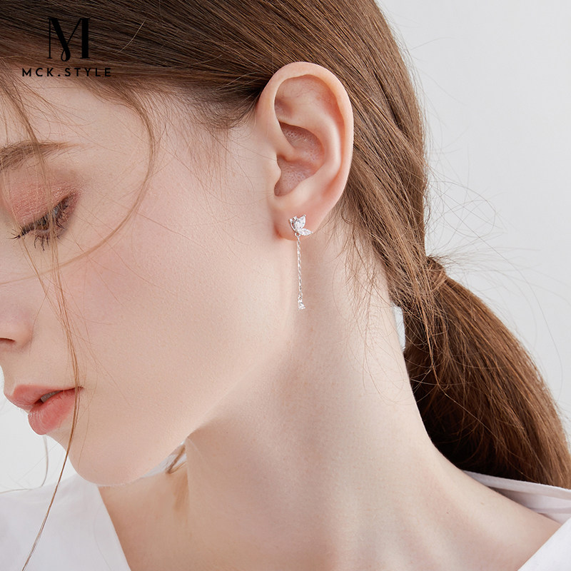 99足银长款蝴蝶流苏耳环女轻奢高级感气质方圆脸耳坠森系甜美耳饰