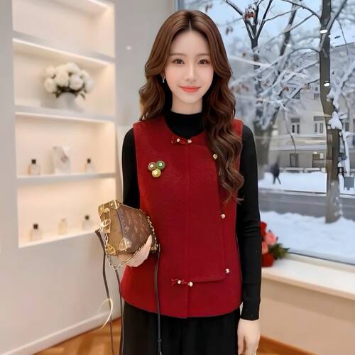 秋冬季新中式国风红色双面穿马甲女装高级感轻奢无袖马夹背心上衣