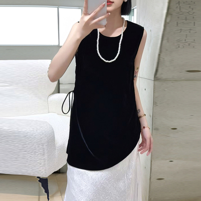 新中式中长款丝绒无袖衬衫女2025