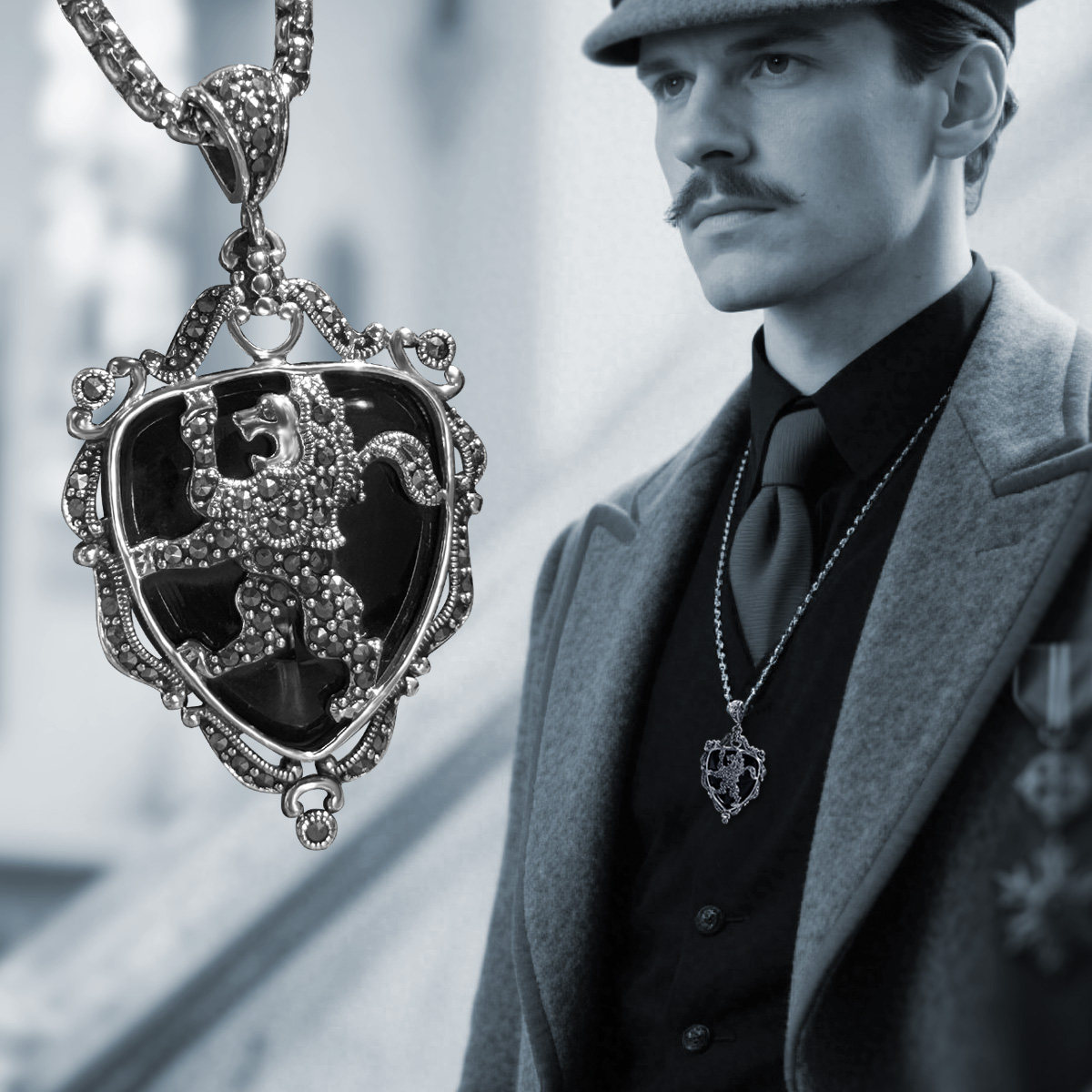 欧美轻奢首饰复古贵族狮子徽章宝石纯银吊坠男款高级感项链配饰品