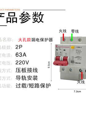 正品行货大孔型漏电保护器开关2P63A空气开关带漏电保护家用总闸