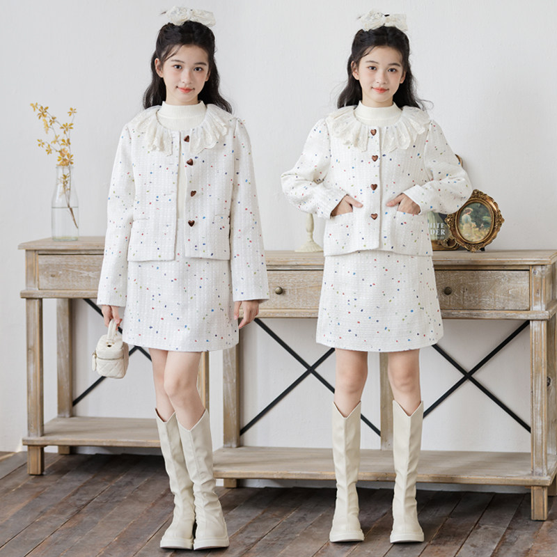 女童波点短裙套装春秋女孩洋气外套半身裙两件套中大童千金小香风
