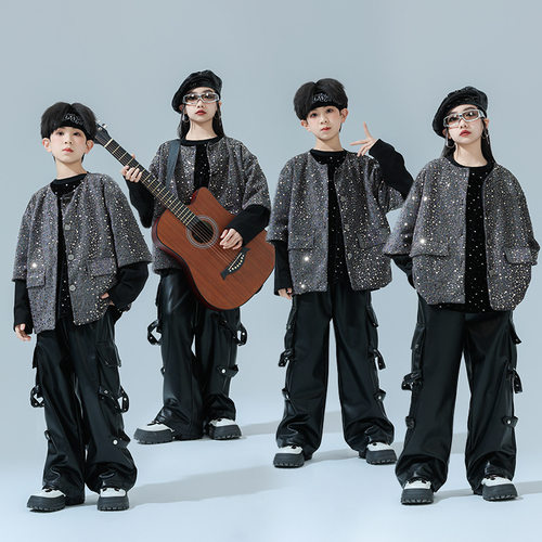 儿童街舞潮服演出服套装中大童架子鼓亮片马甲皮裤走秀表演服长袖