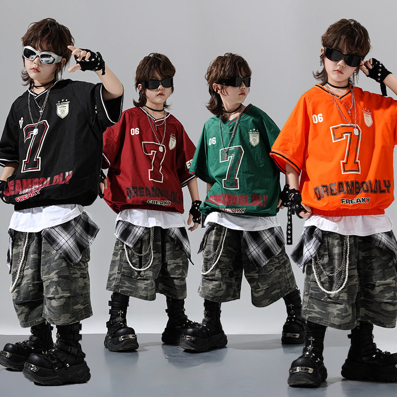 儿童街舞演出服少儿hiphop演出服男童潮牌机车服套装爵士走秀