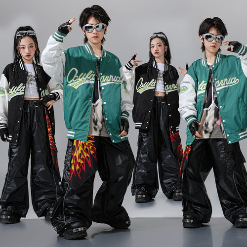 儿童街舞演出服套装男童赛车服夹克潮牌运动棒球服女童爵士表演服