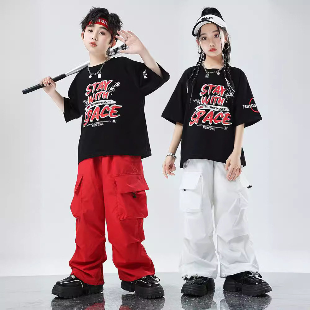 儿童嘻哈街舞演出服潮装男童短袖夏季女童工装裤潮牌运动爵士套装