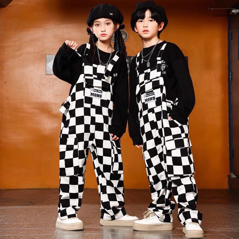 男童嘻哈潮服酷格子背带裤套装儿童架子鼓吉他演出服女童t台走秀