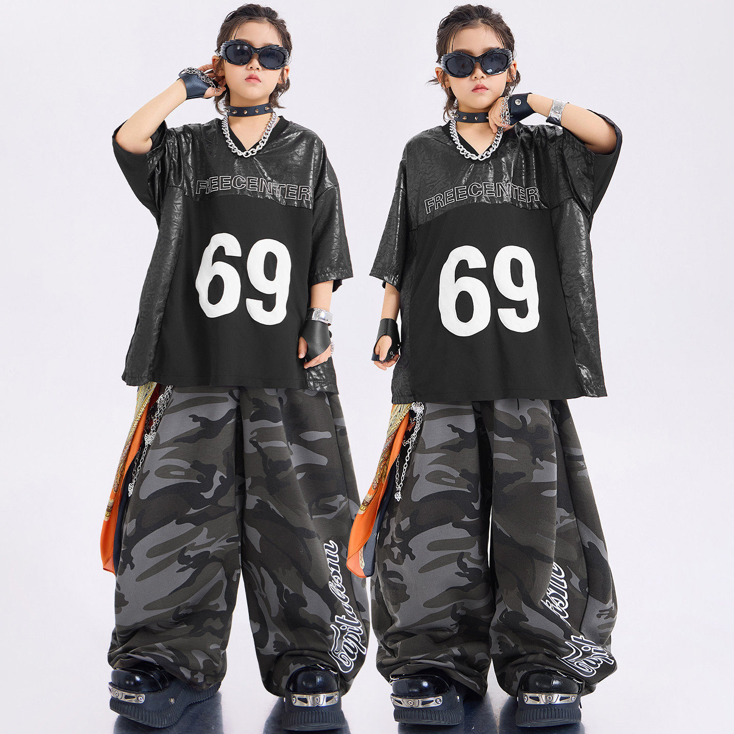 儿童街舞潮服男童潮酷时髦短袖女童宽松嘻哈hiphop练功演出服套装