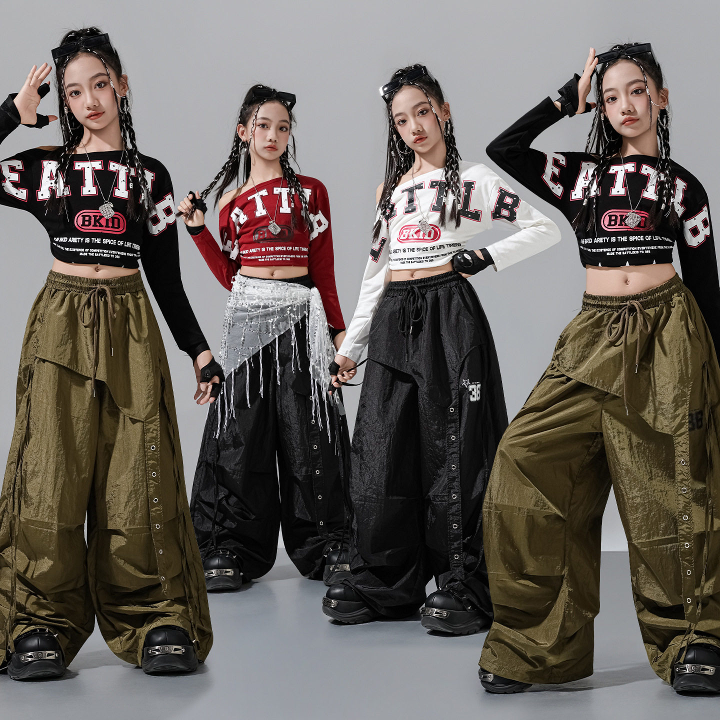女童爵士舞服装jazz潮服套装女童斜肩长袖长裤两件套街舞练功