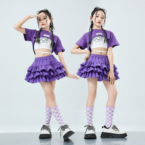 女童多巴胺穿搭爵士舞演出服女孩露脐短袖甜酷T台走秀架子鼓潮装