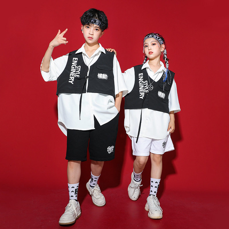 儿童街舞服夏季女童爵士舞表演服男童定制演出潮装架子鼓衬衣马甲