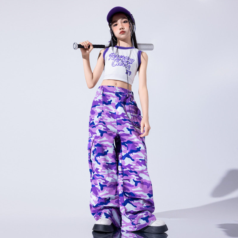 爵士舞服装女童潮酷时髦迷彩长裤jazz少儿演出服女团儿童走秀潮服