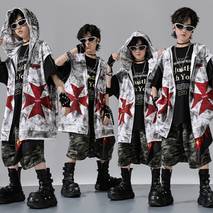 兒童街舞演出服hiphop嘻哈潮服套裝 寬松連帽坎肩男女童爵士表演