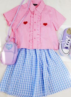 lazy oaf19年夏季新款粉色小格子爱心刺绣荷叶边短袖短款宽松衬衫