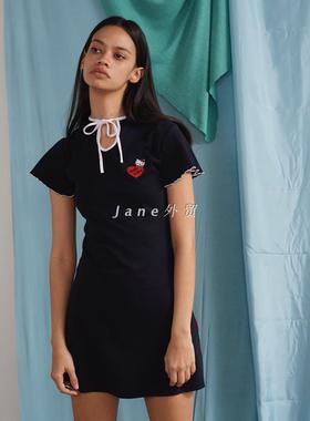 Lazy Oaf hello Kitty镂空领绑带小飞袖黑色修身显瘦棉短袖连衣裙