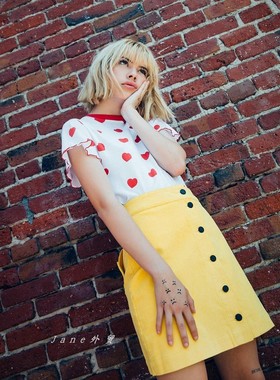 Lazy Oaf英国潮牌同款红色爱心圆领荷叶边小飞袖纯棉白短T恤