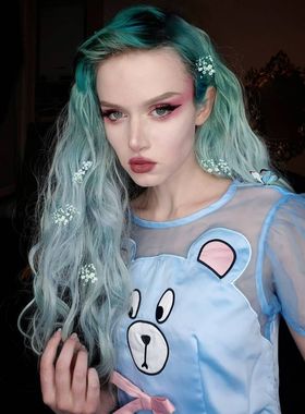 lazy oaf 可爱小熊丝绸大码胖妹妹蓝色短袖连衣裙小礼服顺丰包邮