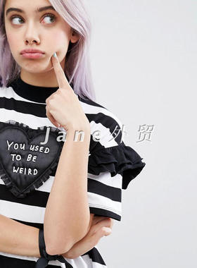 lazy oaf 黑白条纹蕾丝爱心贴布显瘦可爱娃娃装荷叶袖连衣裙