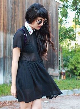 LAZY OAF英国潮牌雪纺翻领刺 绣花 黑色短袖宽松显瘦 连衣裙