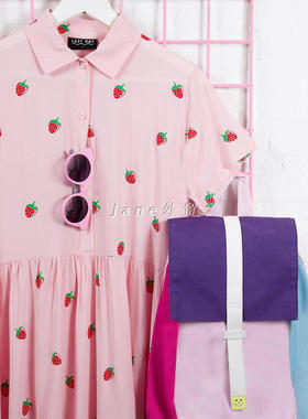 lazy oaf仙气气质女仙可爱草莓印花纯棉翻领宽松粉色短袖连衣裙
