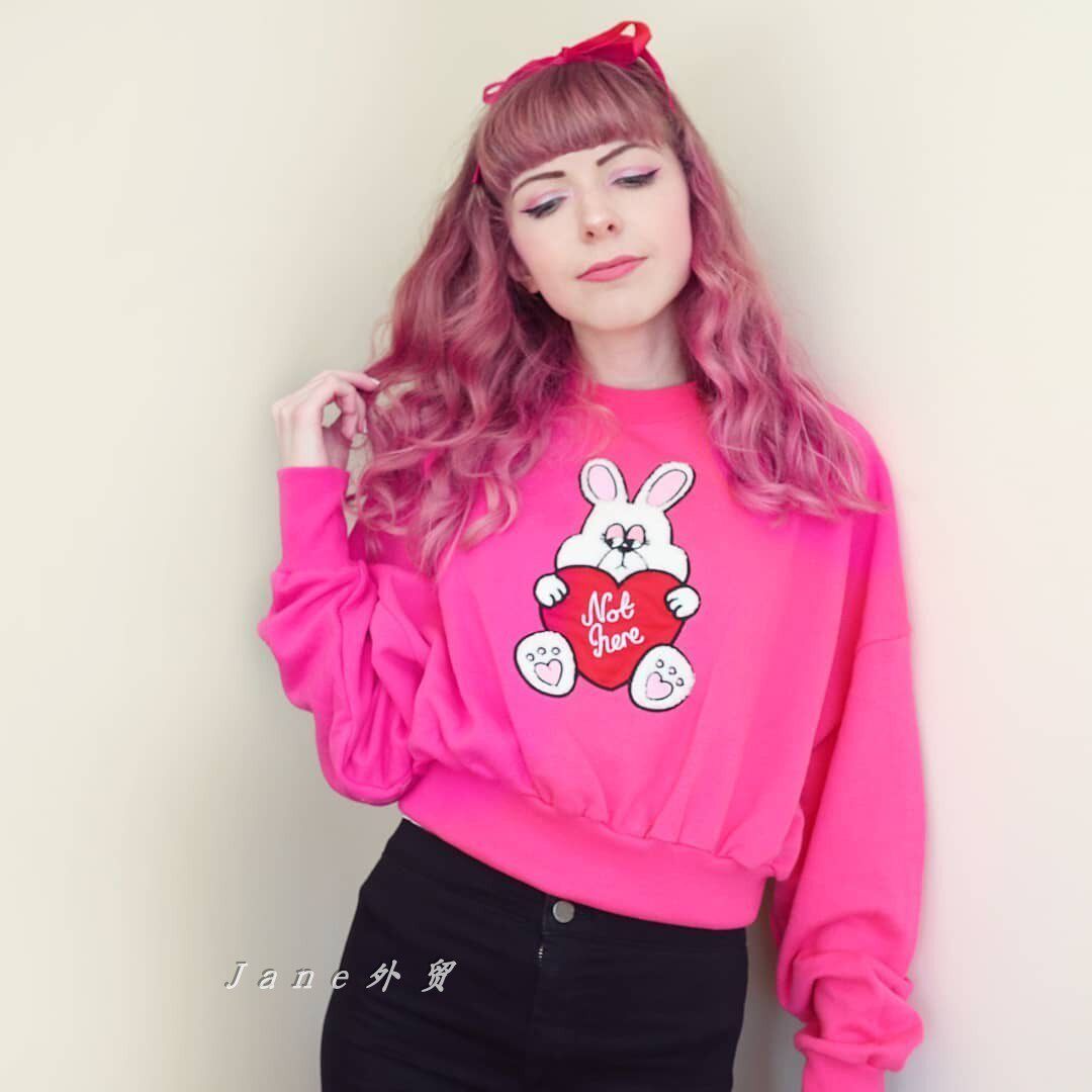 lazyoaf束身卫衣邦尼兔爱心短款红色收腰显瘦圆领少女可爱长袖T恤