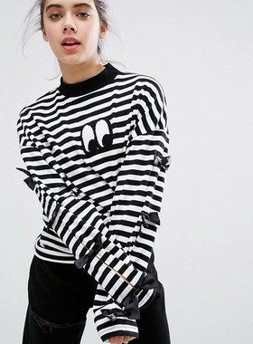 LAZY OAF英国新款经典黑白条纹立体眼睛蝴蝶结宽松开口长袖棉T恤