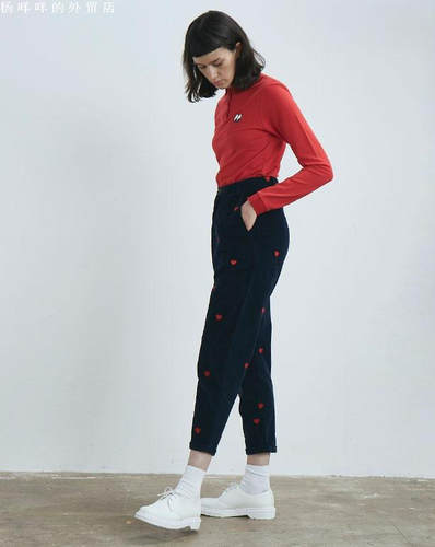 英国女azy oaf 休闲时尚红色爱心灯芯绒棉宽松哈伦裤九分裤长裤