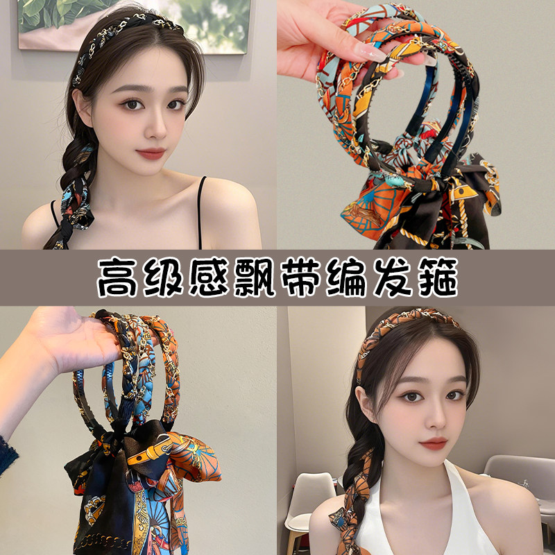 复古编发发箍女2025新款春季飘带发带绑发丝巾头箍一体系发卡头饰
