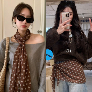 棕色长条波点丝巾系脖高级感老钱风印花长条薄款丝带搭配领巾颈饰