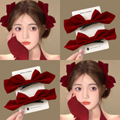 新年发饰红色丝绒立体蝴蝶结发夹女高级感公主头鸭嘴边夹发卡头饰