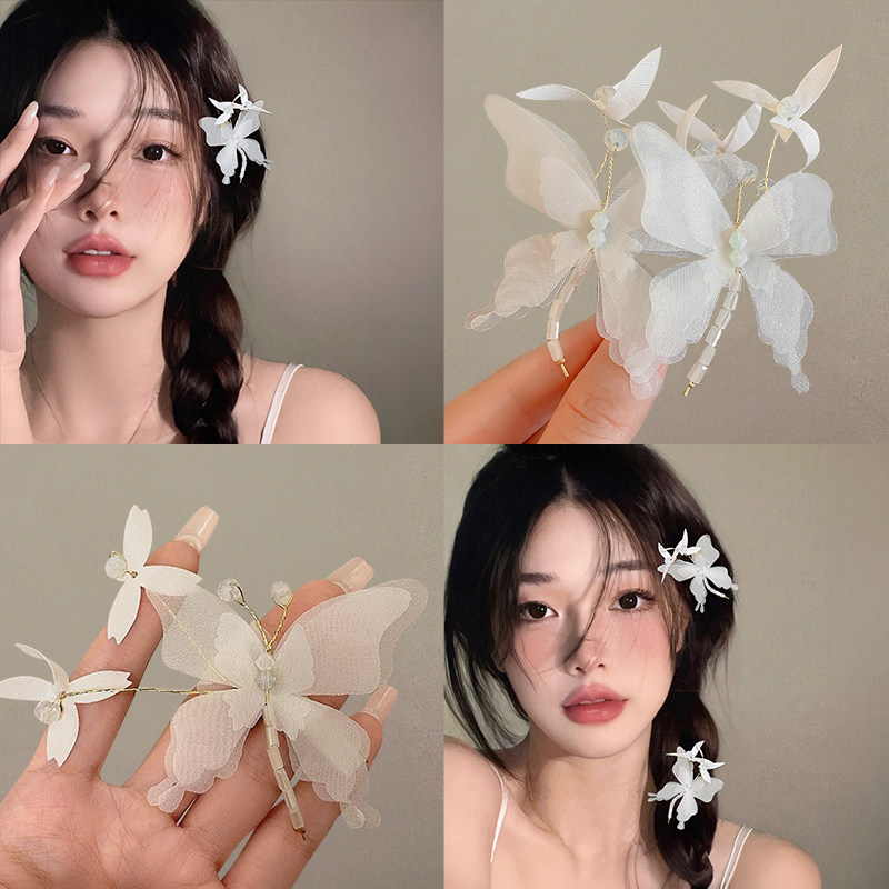 超仙白色网纱蝴蝶珍珠发夹图片