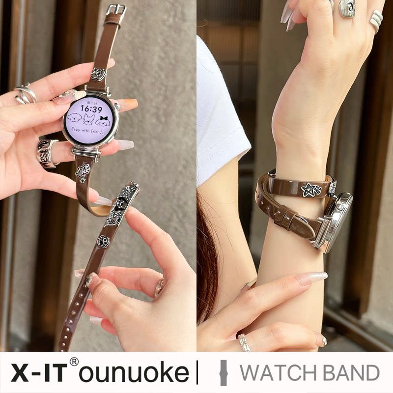 xit适用于gt5华为智能手表GT4表带新款watch4pro手表带头层牛皮watch3荣耀高级感时尚真皮双圈金属小狗女秋冬