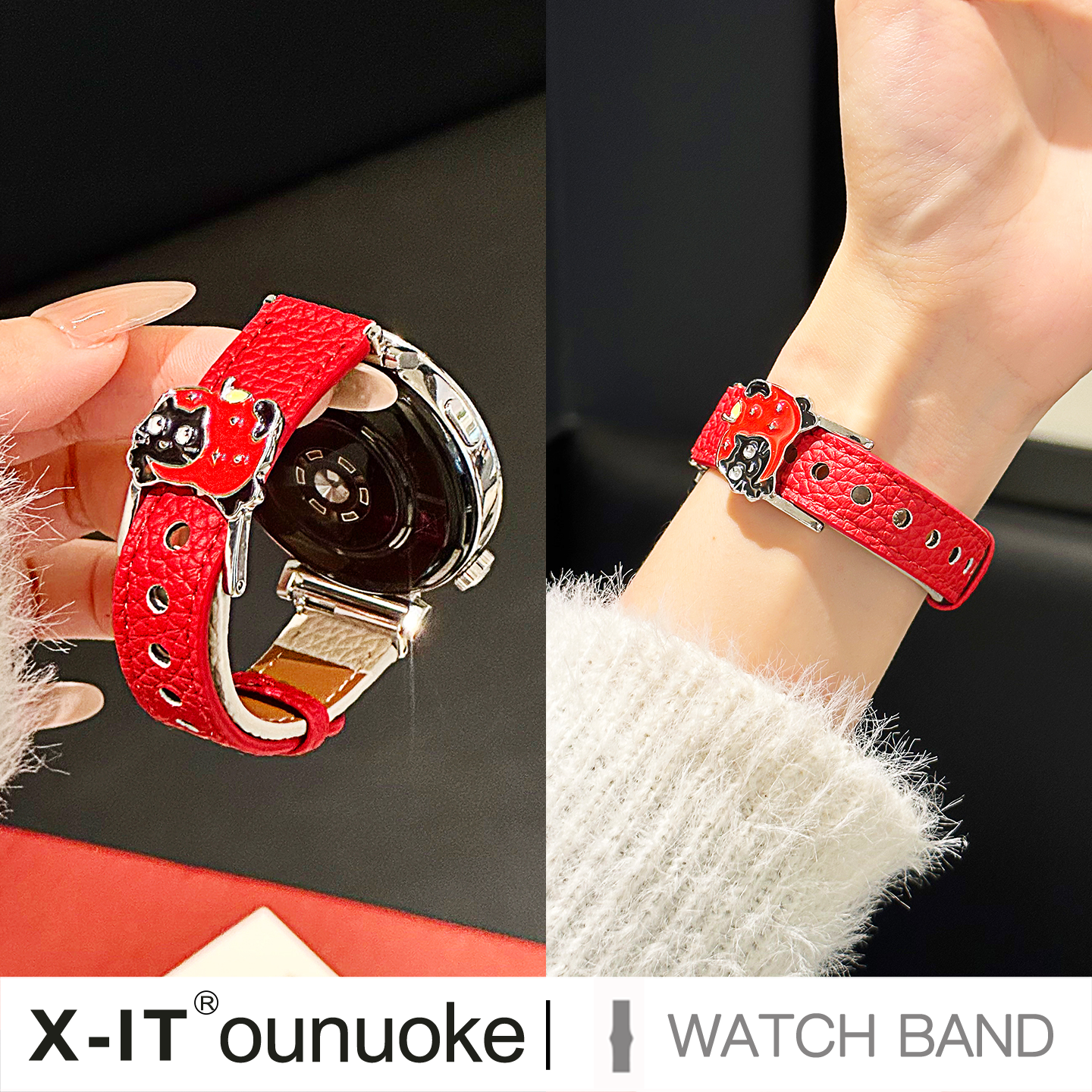 xit华为牛皮红苹果小猫秋冬表带