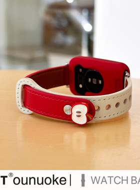 xit适用于华为智能手环10表带新款荣耀9头层牛皮8通用NFC版立体苹果装饰华为watchfit4pro表带3白拼红双钉扣