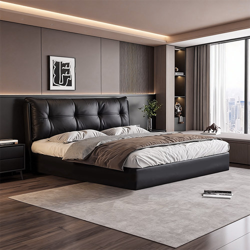 黑色真皮床主卧现代简约互不打扰