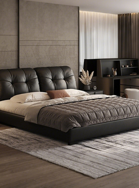 黑色真皮床主卧现代简约1.5m1.8m储物双人大床升级实木框架软包床