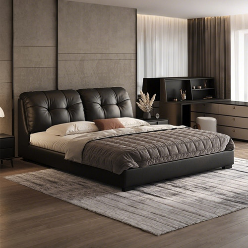 黑色真皮床主卧现代简约1.5m1.8m