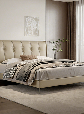 现代简约真皮床浅灰色主卧1.5m1.8m双人大床互不打扰升级实木框架