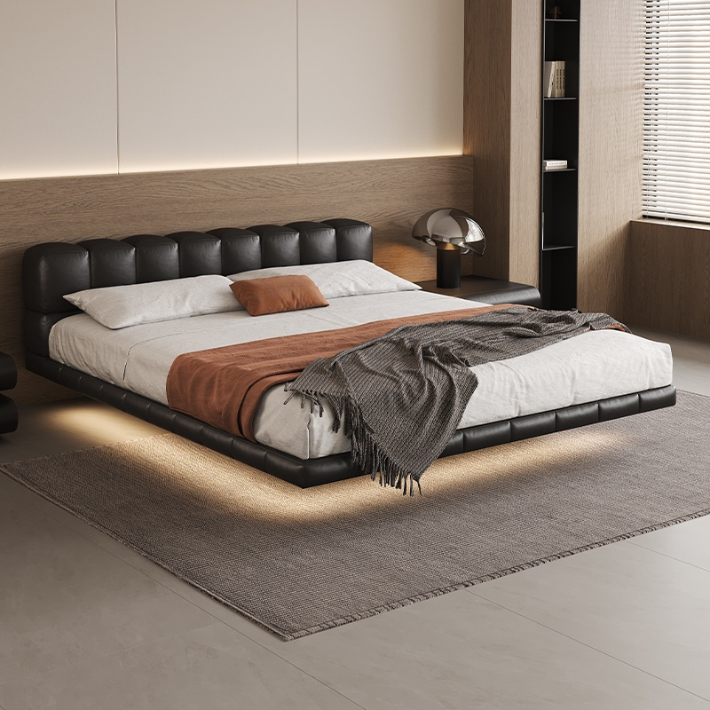 现代简约悬浮床真皮卧室黑色极简