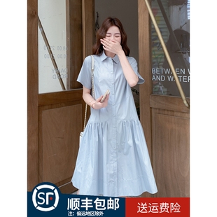 学院风蓝色连衣裙女2025夏季 裙 新款 韩系小清新甜美减龄小个子衬衫