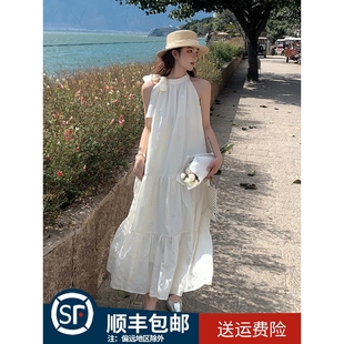 法式 白色無袖 掛脖連衣裙女2025夏季 新款 超好看海邊度假風(fēng)仙女長裙