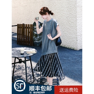 新款 設(shè)計(jì)感格子拼接連衣裙女氣質(zhì)2025夏季 韓系寬松顯瘦假兩件長裙